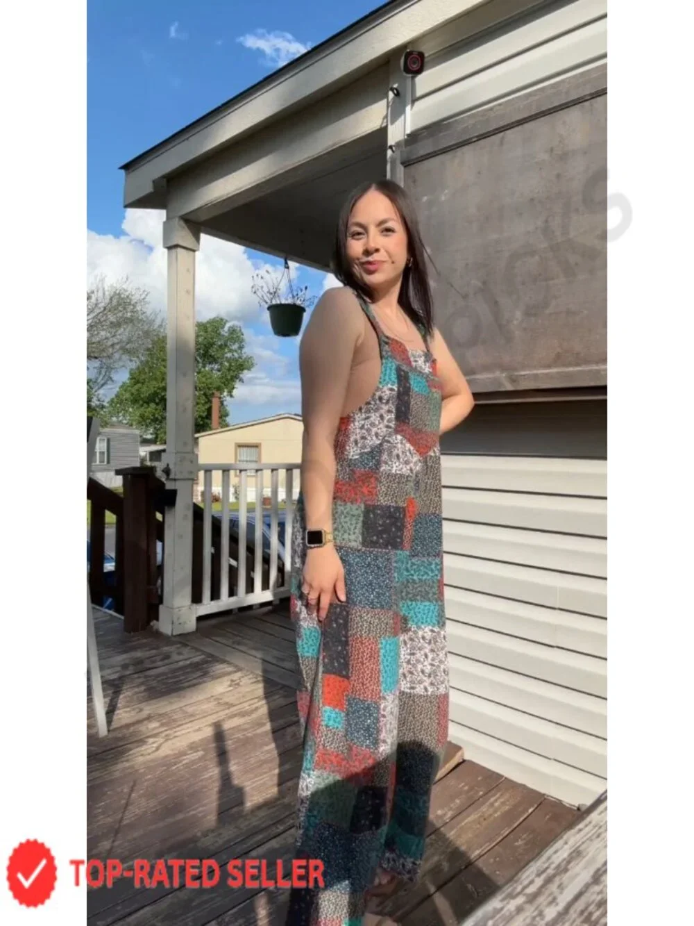 Women's Patchwork Floral Jumpsuit with Bib Pockets